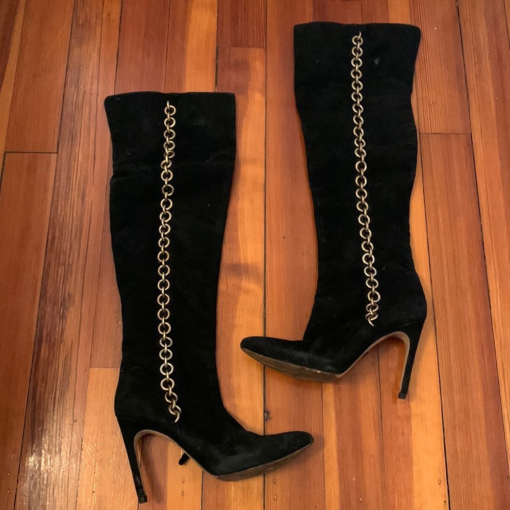 Via Spiga Thigh High Vintage Black Suede Hi Heeled Boots with gold chains 9.5